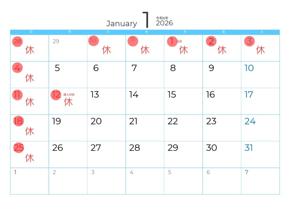 2026年1月休業日